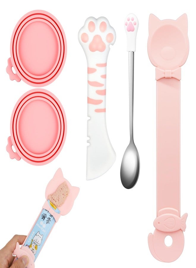 Aecsze 5 PCS Cat Food Can Covers Lids Set, Silicone Pet Food Can Lids with Multi-Function Cat Food Spoon and Opener, Cat Bar Squeezer, Stainless Steel Wet Food Spoon for Cats and Dogs (Pink) - Image 1